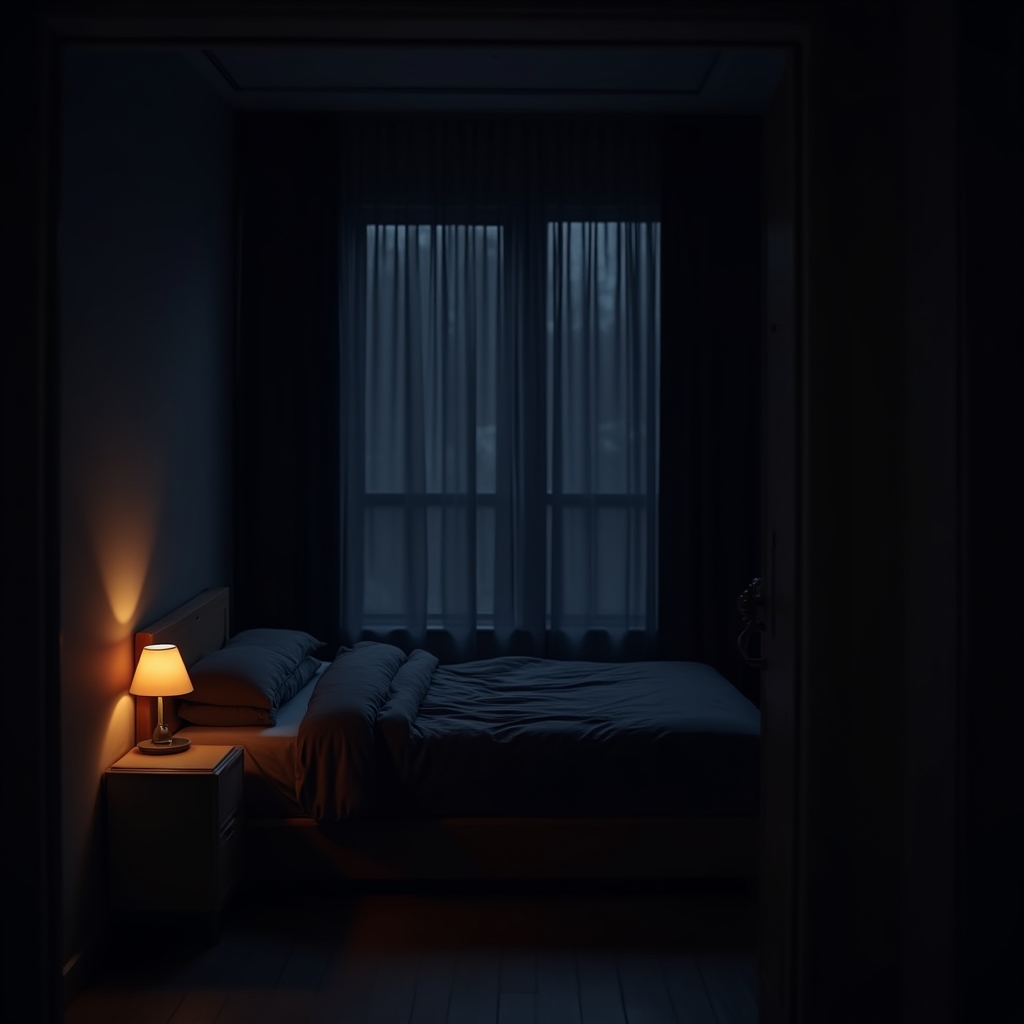 A dark, minimally lit bedroom with blackout curtains, showing a cool and controlled sleep environment