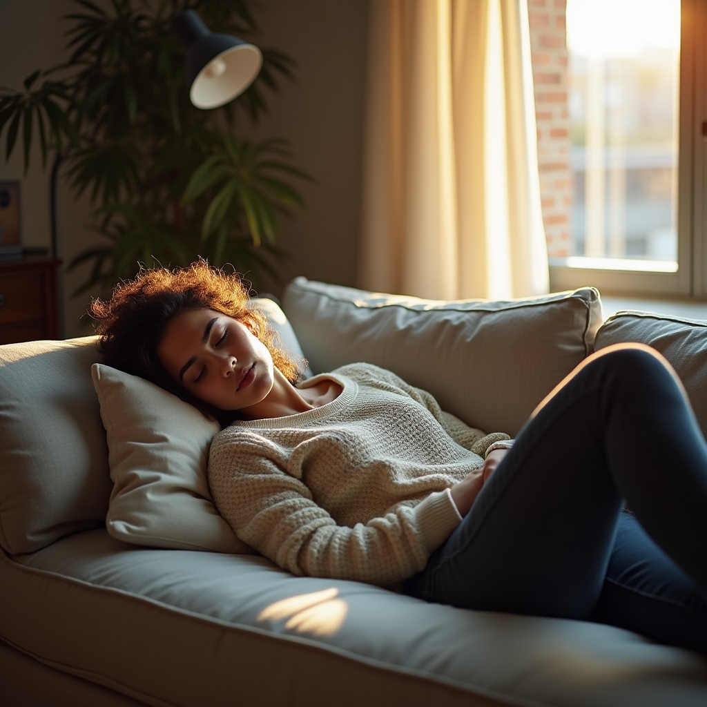 Person resting on a couch in afternoon light, relaxed posture, soft warm light through window