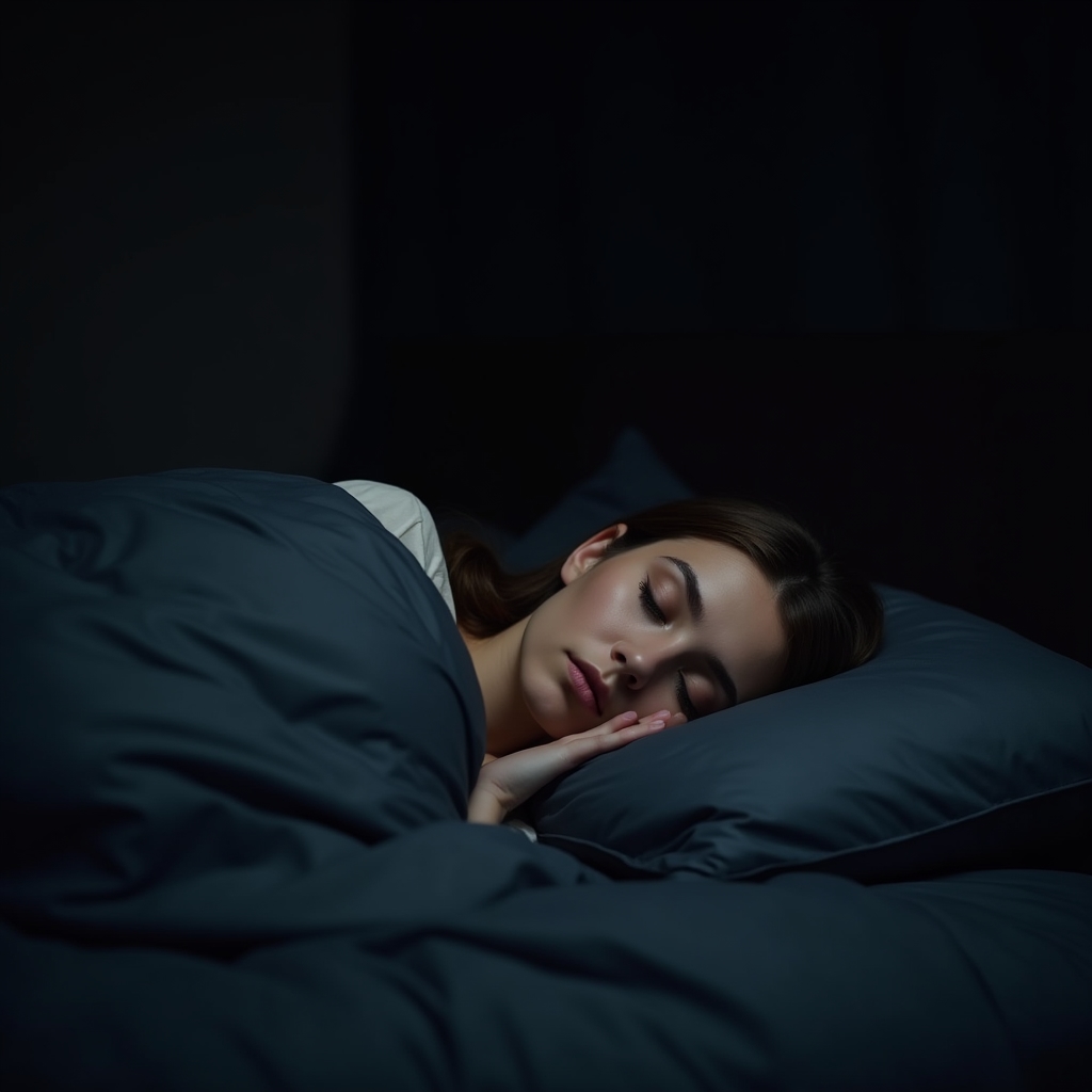 Person sleeping in a dark, cool bedroom with minimal light intrusion