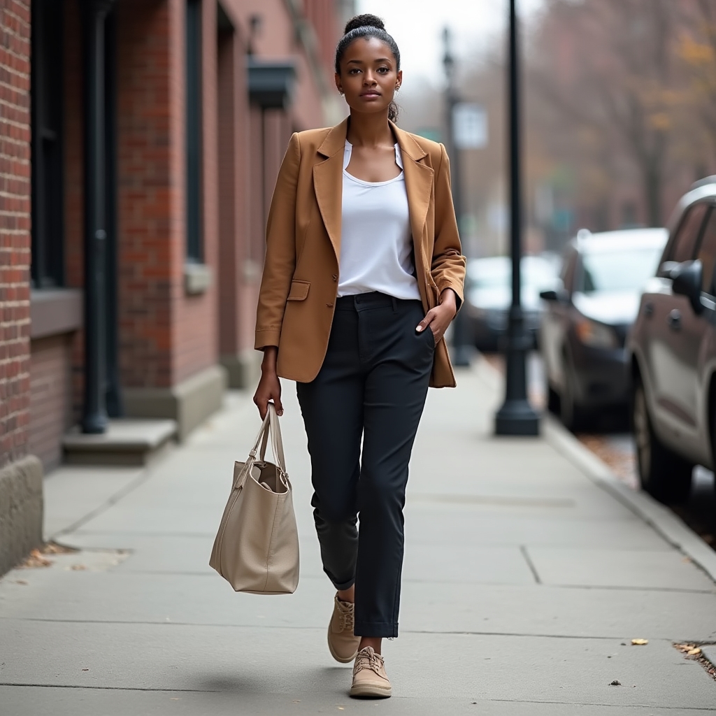 Person walking on a city street in casual clothing, relaxed pace, urban environment with soft natural daylight