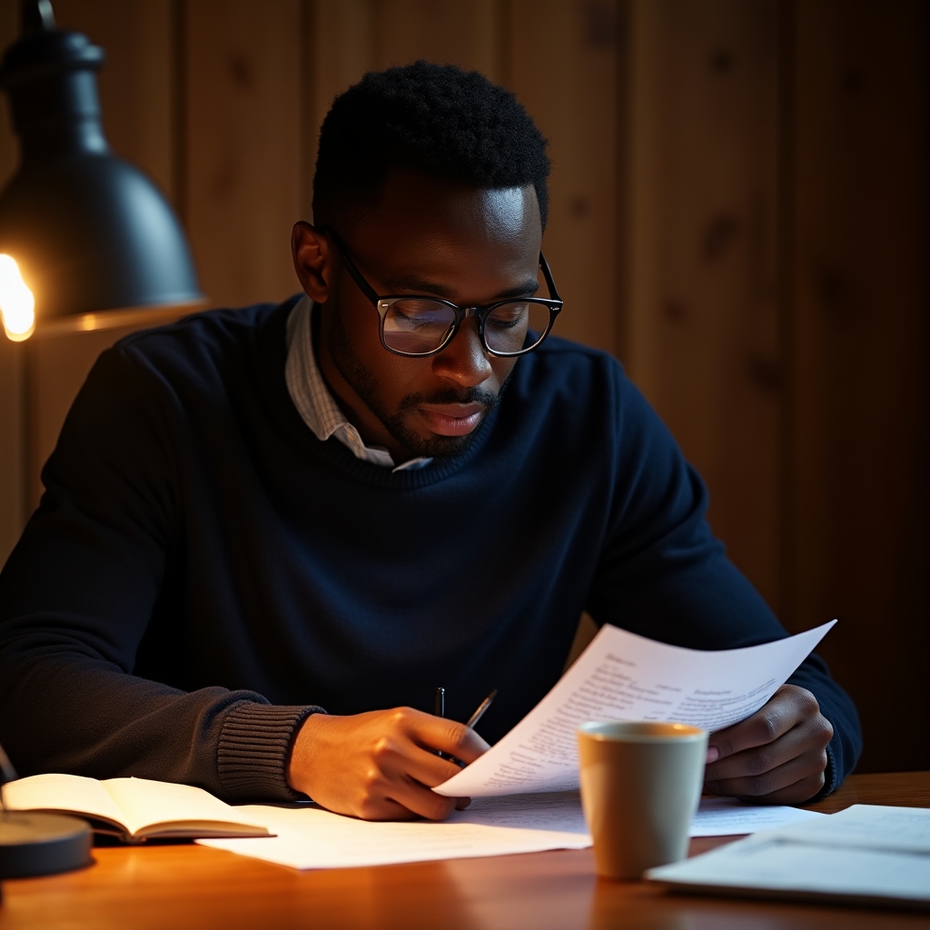 Person reading scientific notes at a desk, focused expression, warm desk lamp, papers and books around them