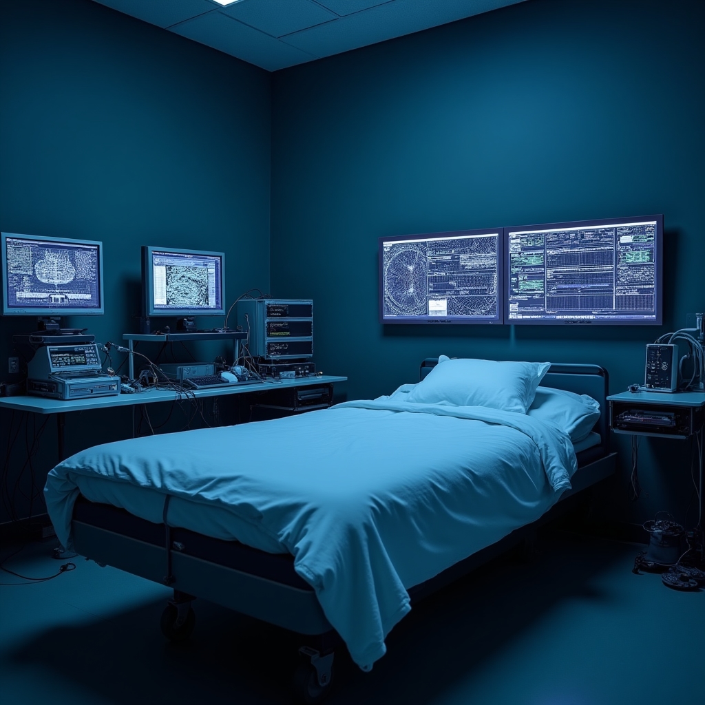Sleep research environment with monitoring equipment and a dark, controlled atmosphere