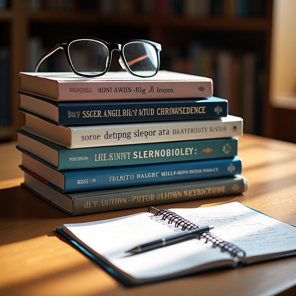 Stack of sleep science textbooks and research papers on a wooden desk with reading glasses and a notepad