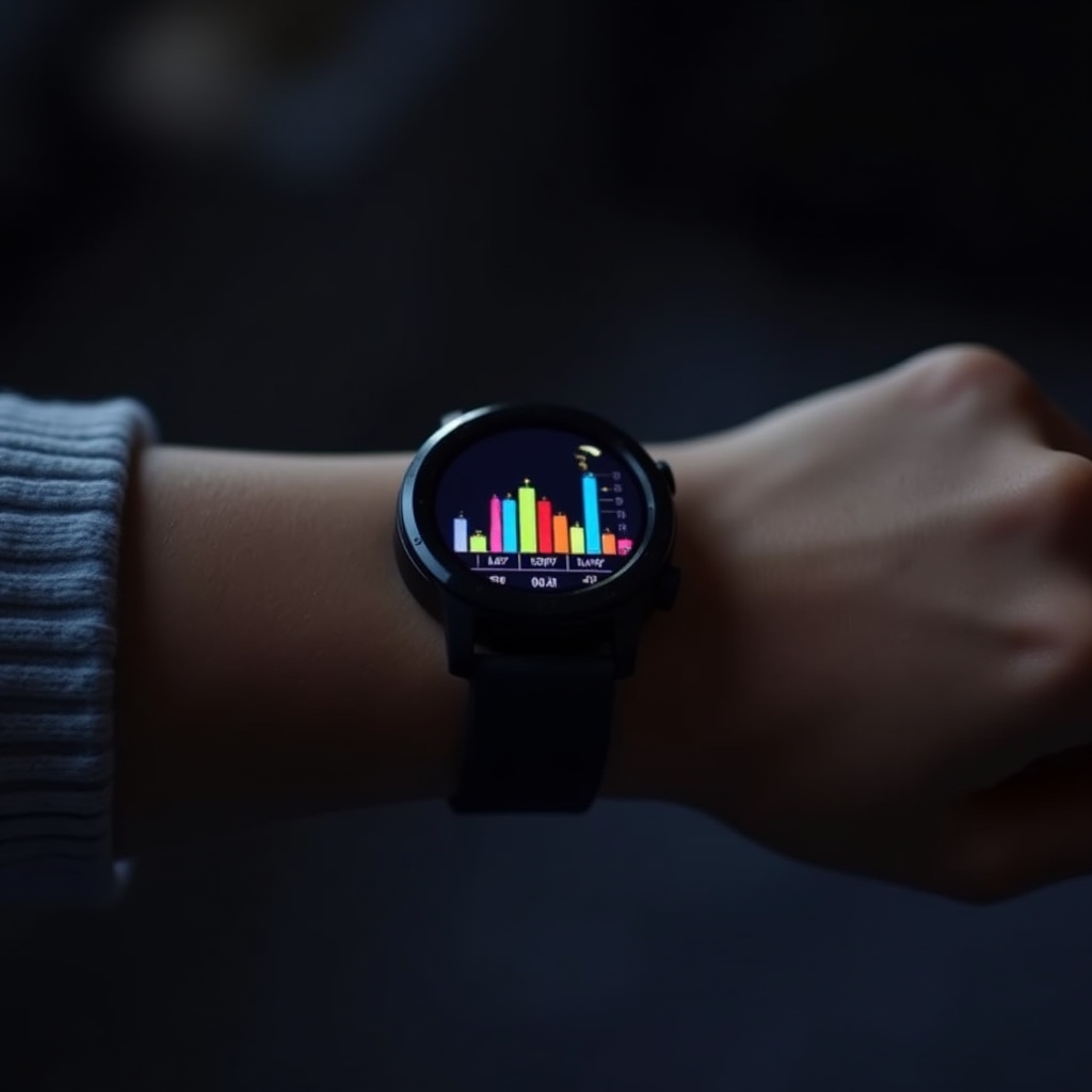 Close-up of a smartwatch displaying sleep stage data on screen, wrist visible, dark background